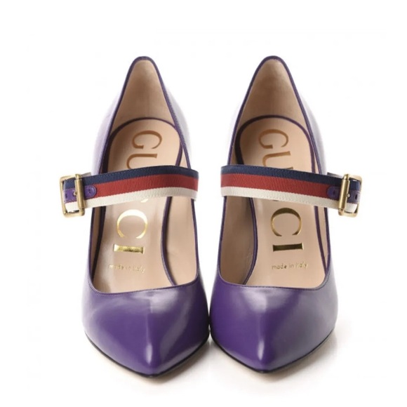 NEW Gucci Sylvie Logo Web Stripe Mary Jane Buckle purple Leather Pumps US 6.5 - Picture 3 of 6